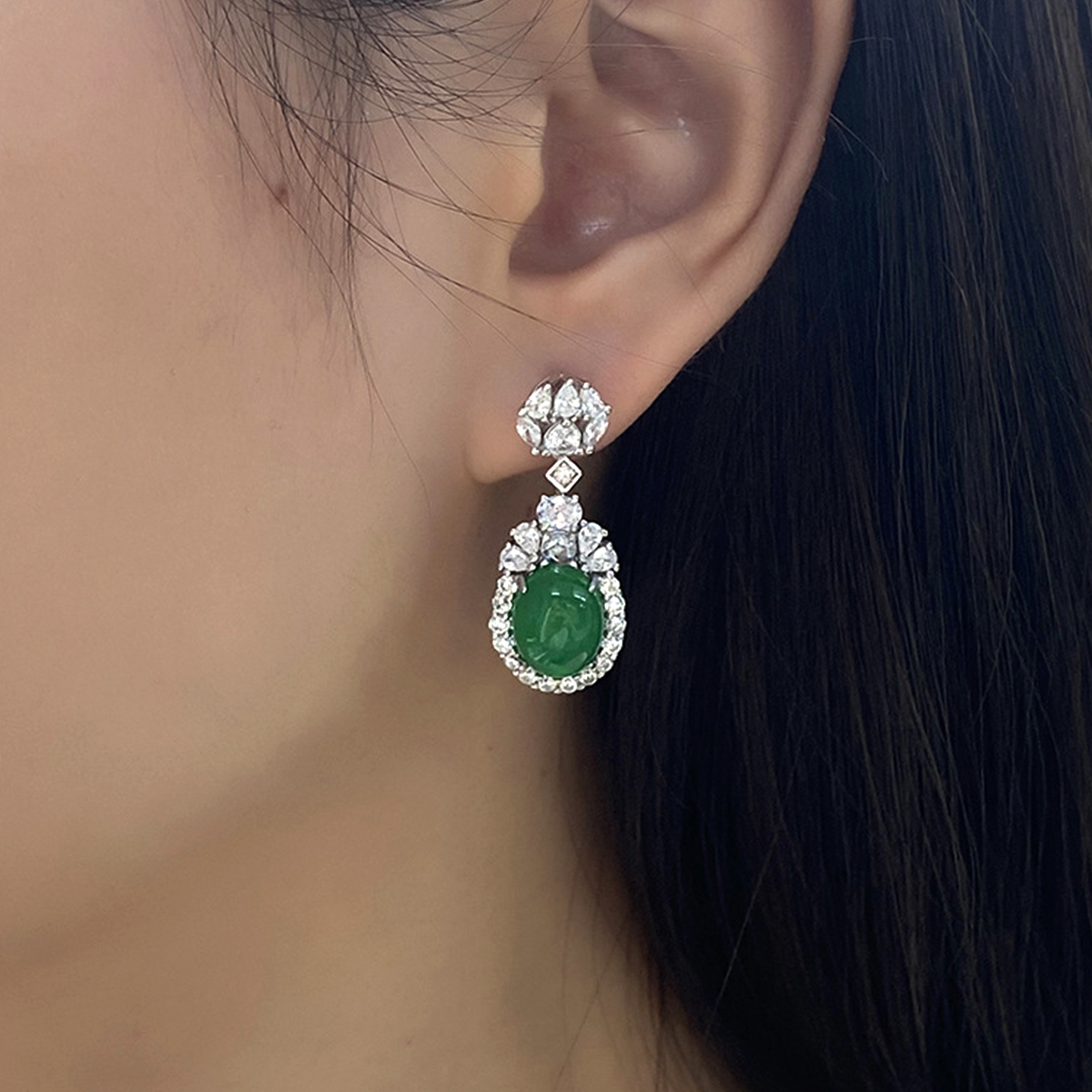 Sterling Silver Dangle Earrings 10x8mm Oval Green Chrysoprase, Platinum Plated Elegant