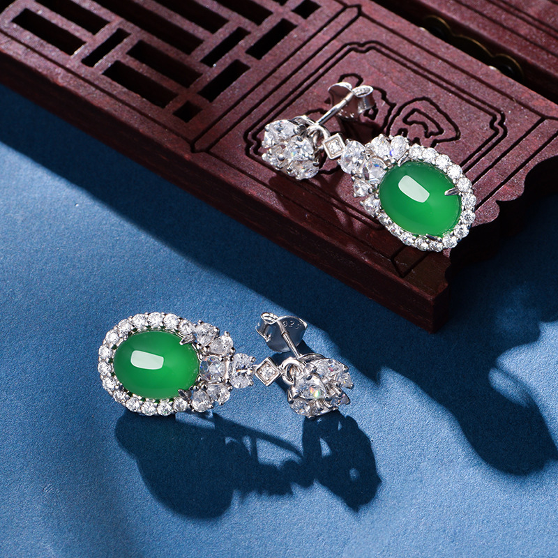 Sterling Silver Dangle Earrings 10x8mm Oval Green Chrysoprase, Platinum Plated Elegant