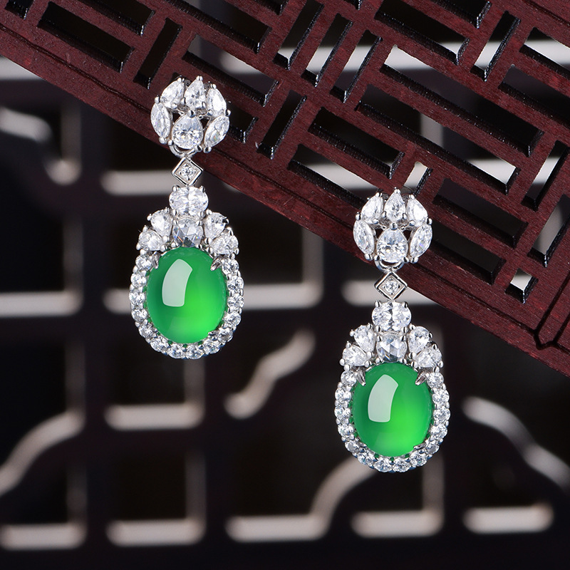Sterling Silver Dangle Earrings 10x8mm Oval Green Chrysoprase, Platinum Plated Elegant