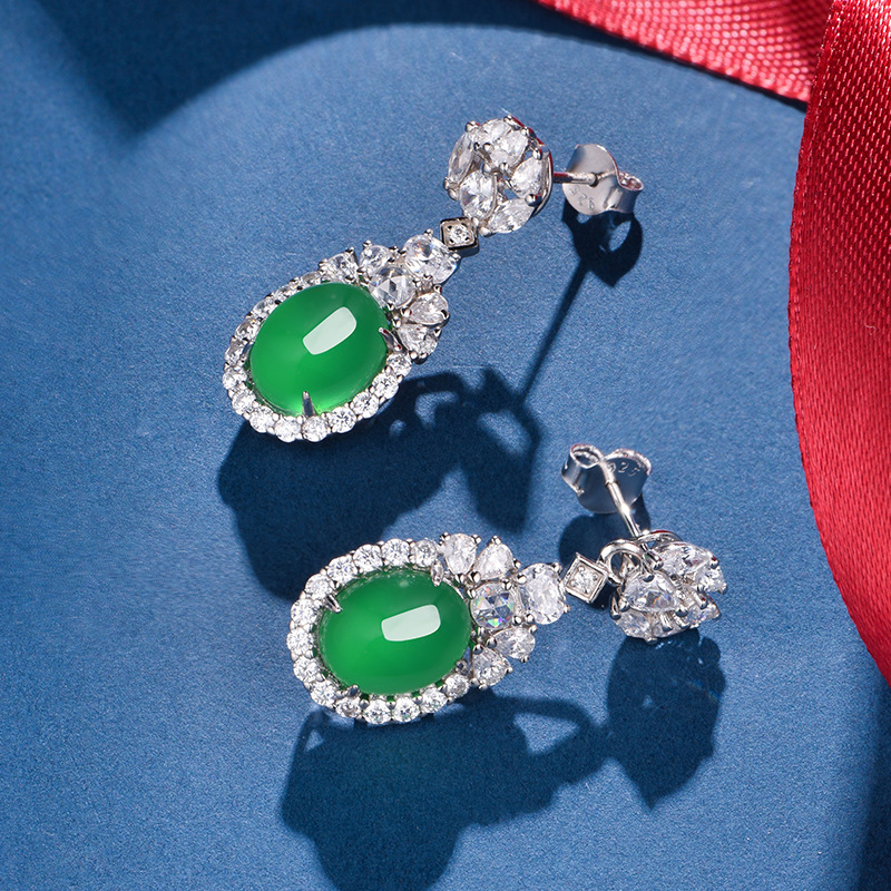 Sterling Silver Dangle Earrings 10x8mm Oval Green Chrysoprase, Platinum Plated Elegant