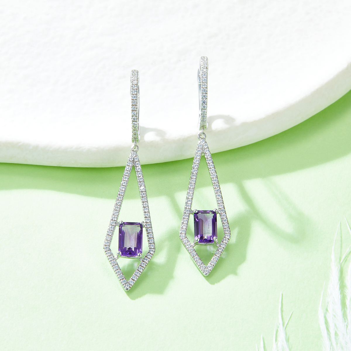 Sterling Silver Dangle Earrings 6x4mm Natural Amethyst, Platinum Plated Long Kite Drop