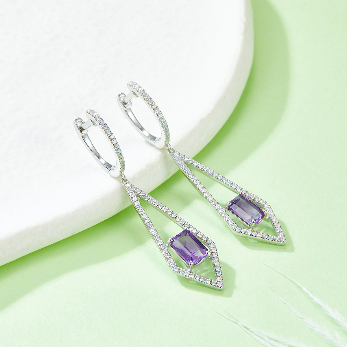 Sterling Silver Dangle Earrings 6x4mm Natural Amethyst, Platinum Plated Long Kite Drop