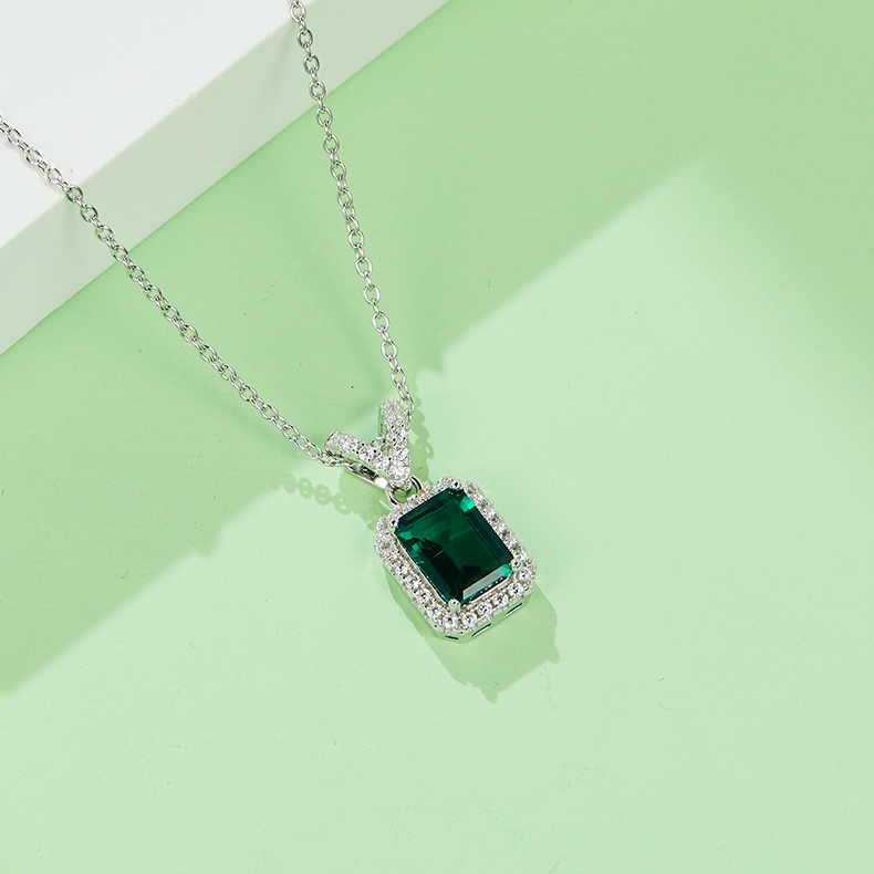 Sterling Silver Emerald Cut Lab-Grown Emerald Pendant Necklace, Halo Setting, Platinum