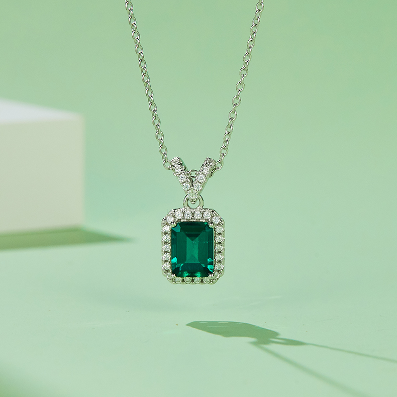 Sterling Silver Emerald Cut Lab-Grown Emerald Pendant Necklace, Halo Setting, Platinum
