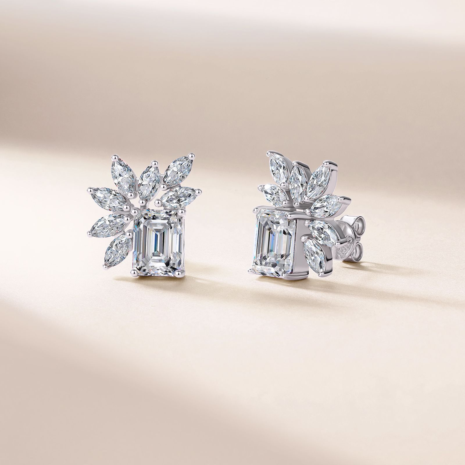 Sterling Silver Emerald Cut Moissanite Stud Earrings, 6x8mm D-VVS1 Leaf Design, Platinum