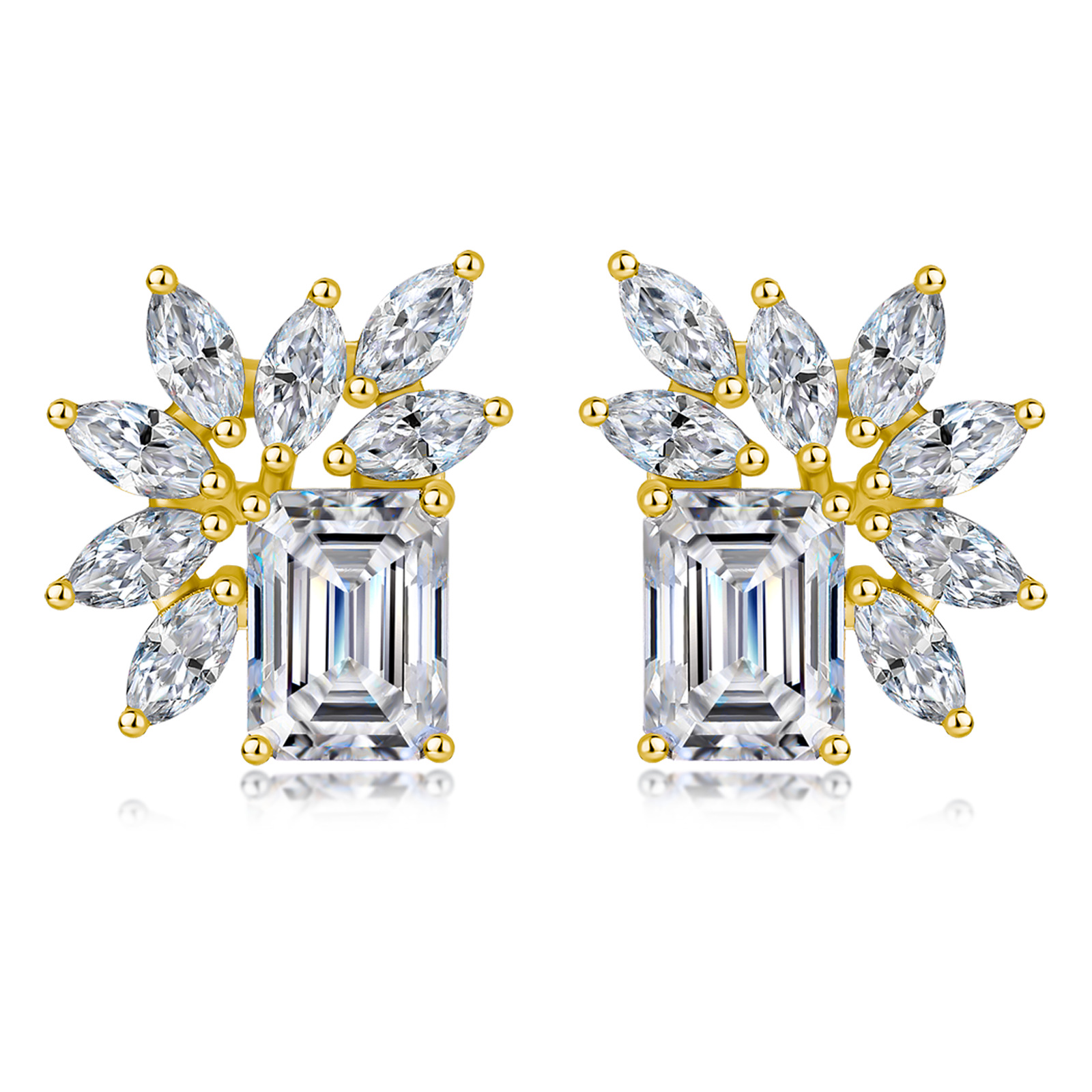 Sterling Silver Emerald Cut Moissanite Stud Earrings, 6x8mm D-VVS1 Leaf Design, Platinum