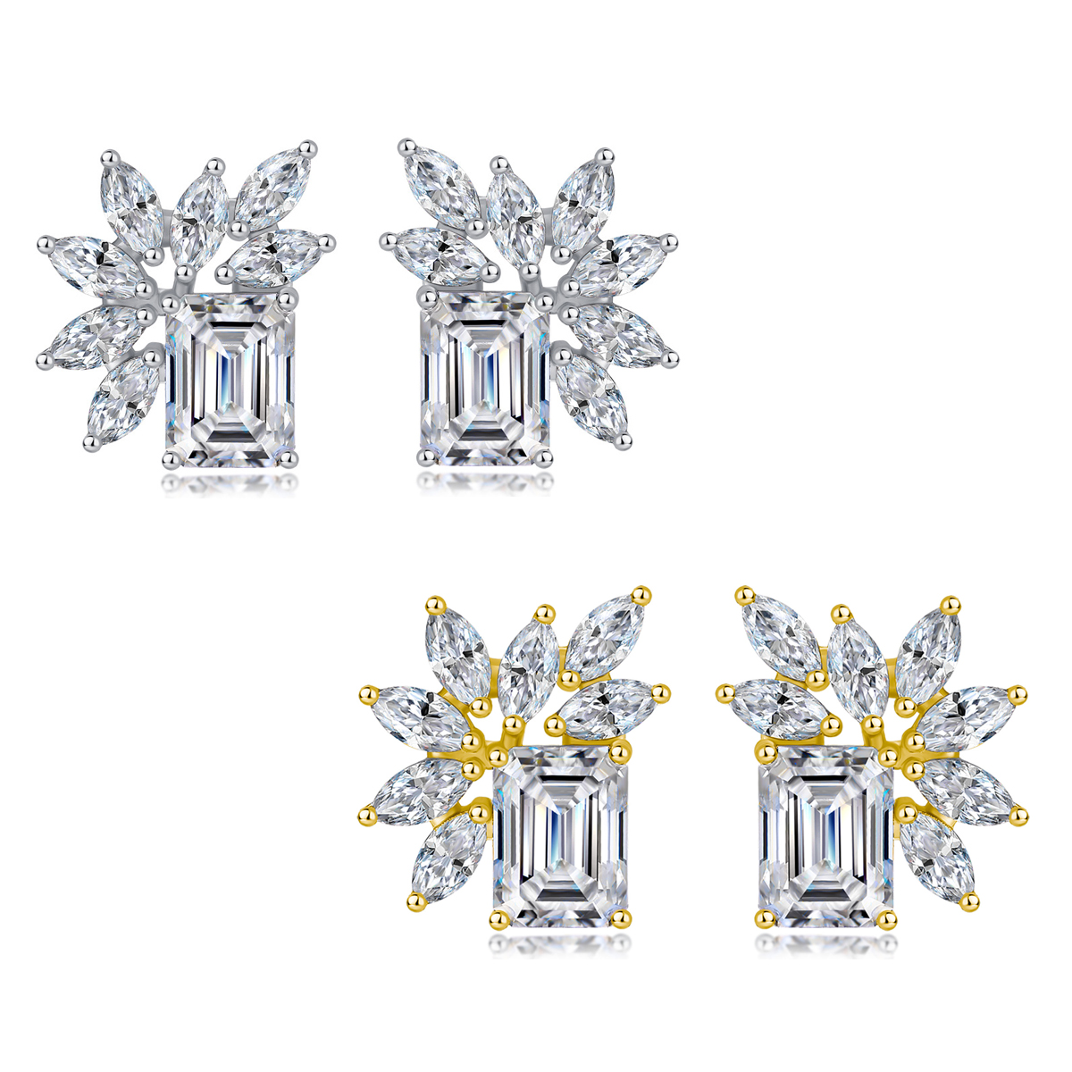 Sterling Silver Emerald Cut Moissanite Stud Earrings, 6x8mm D-VVS1 Leaf Design, Platinum