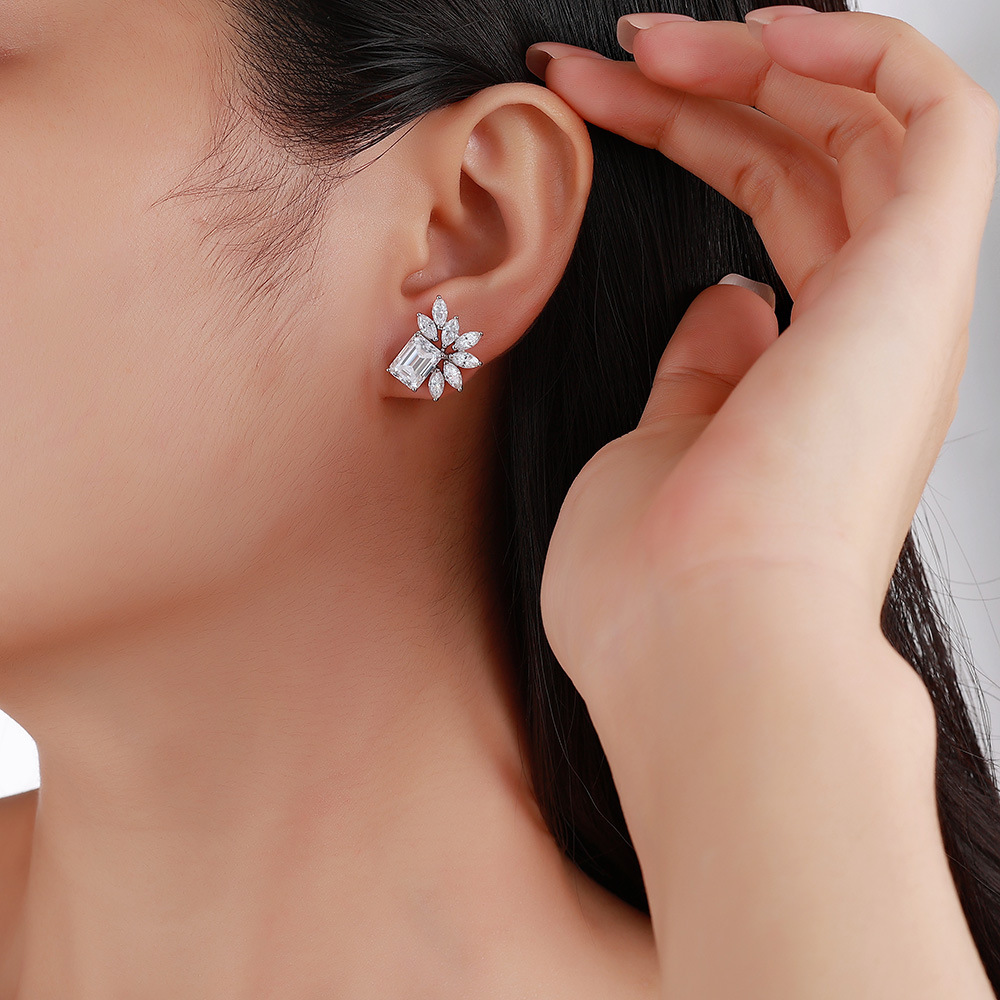 Sterling Silver Emerald Cut Moissanite Stud Earrings, 6x8mm D-VVS1 Leaf Design, Platinum
