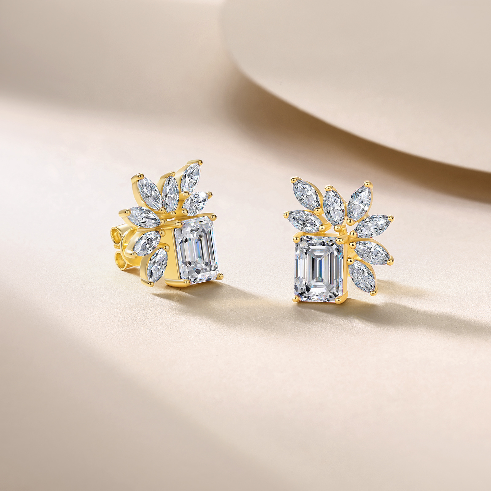 Sterling Silver Emerald Cut Moissanite Stud Earrings, 6x8mm D-VVS1 Leaf Design, Platinum
