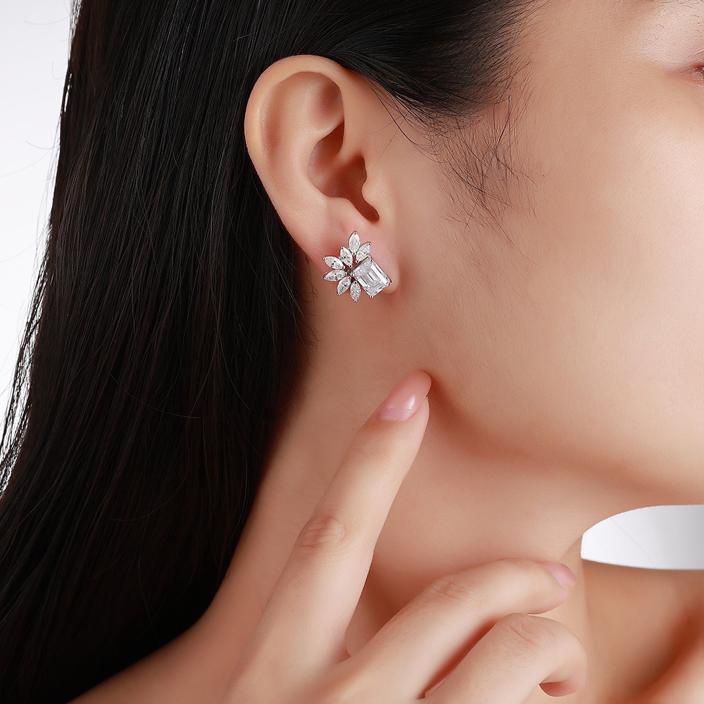 Sterling Silver Emerald Cut Moissanite Stud Earrings, 6x8mm D-VVS1 Leaf Design, Platinum