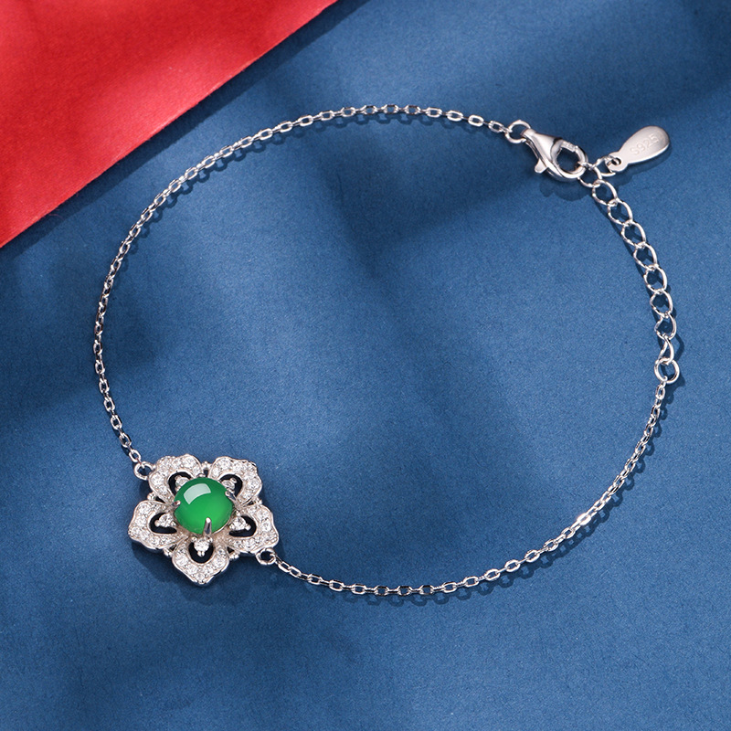 Sterling Silver Flower Clover Bracelet, 6mm Round Green Chrysoprase, Platinum Plated 19cm