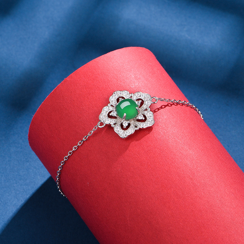 Sterling Silver Flower Clover Bracelet, 6mm Round Green Chrysoprase, Platinum Plated 19cm