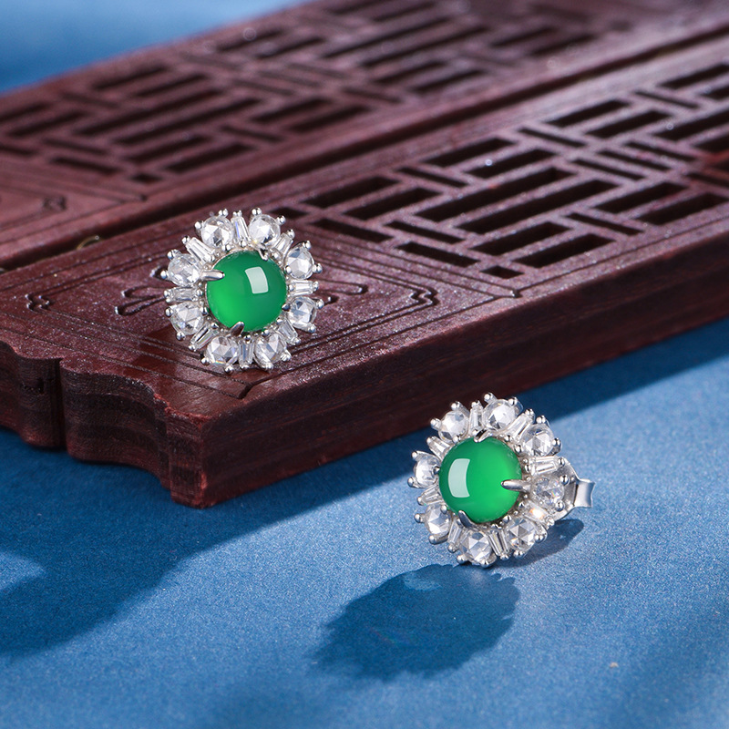 Sterling Silver Flower Stud Earrings, 6mm Round Green Chrysoprase, Platinum Plated 3.2g