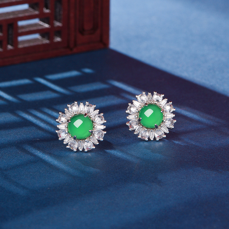 Sterling Silver Flower Stud Earrings, 6mm Round Green Chrysoprase, Platinum Plated 3.2g