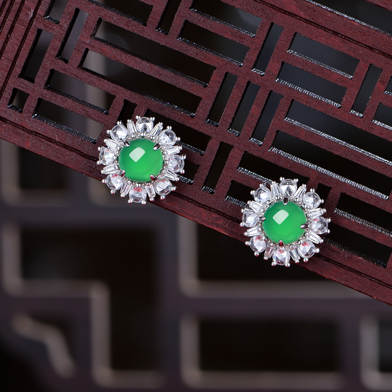 Sterling Silver Flower Stud Earrings, 6mm Round Green Chrysoprase, Platinum Plated 3.2g