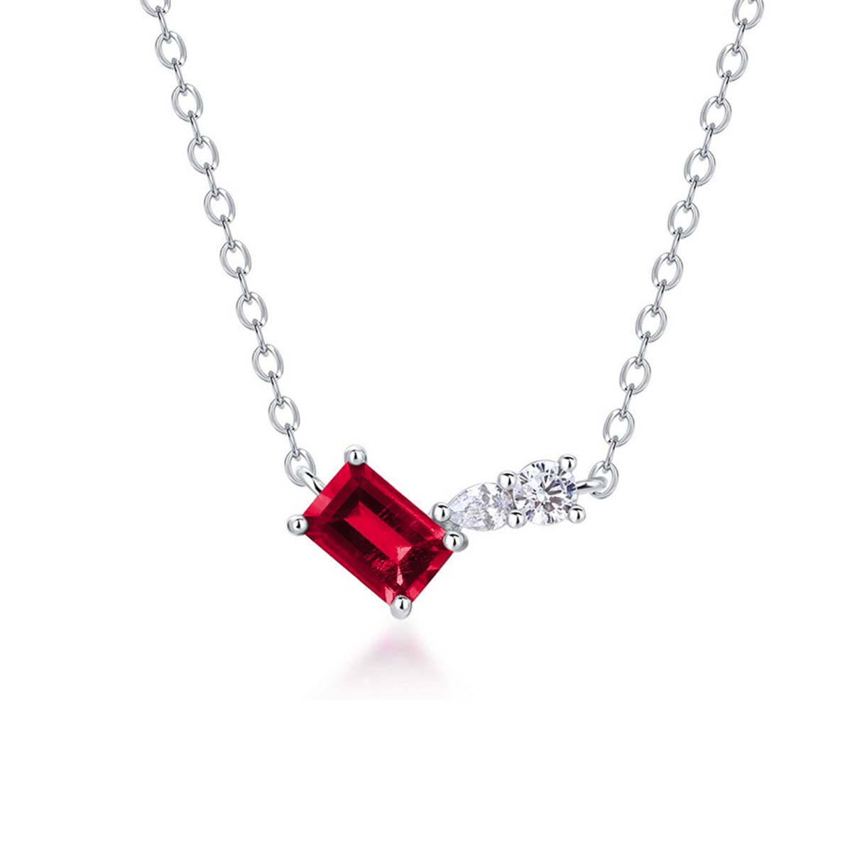 Sterling Silver Geometric Necklace, 6x4mm Lab-Grown Ruby & Emerald, Platinum Plated