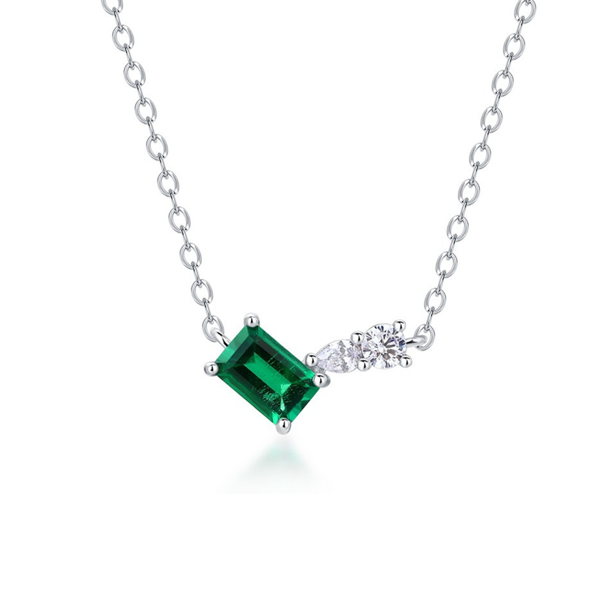 Sterling Silver Geometric Necklace, 6x4mm Lab-Grown Ruby & Emerald, Platinum Plated