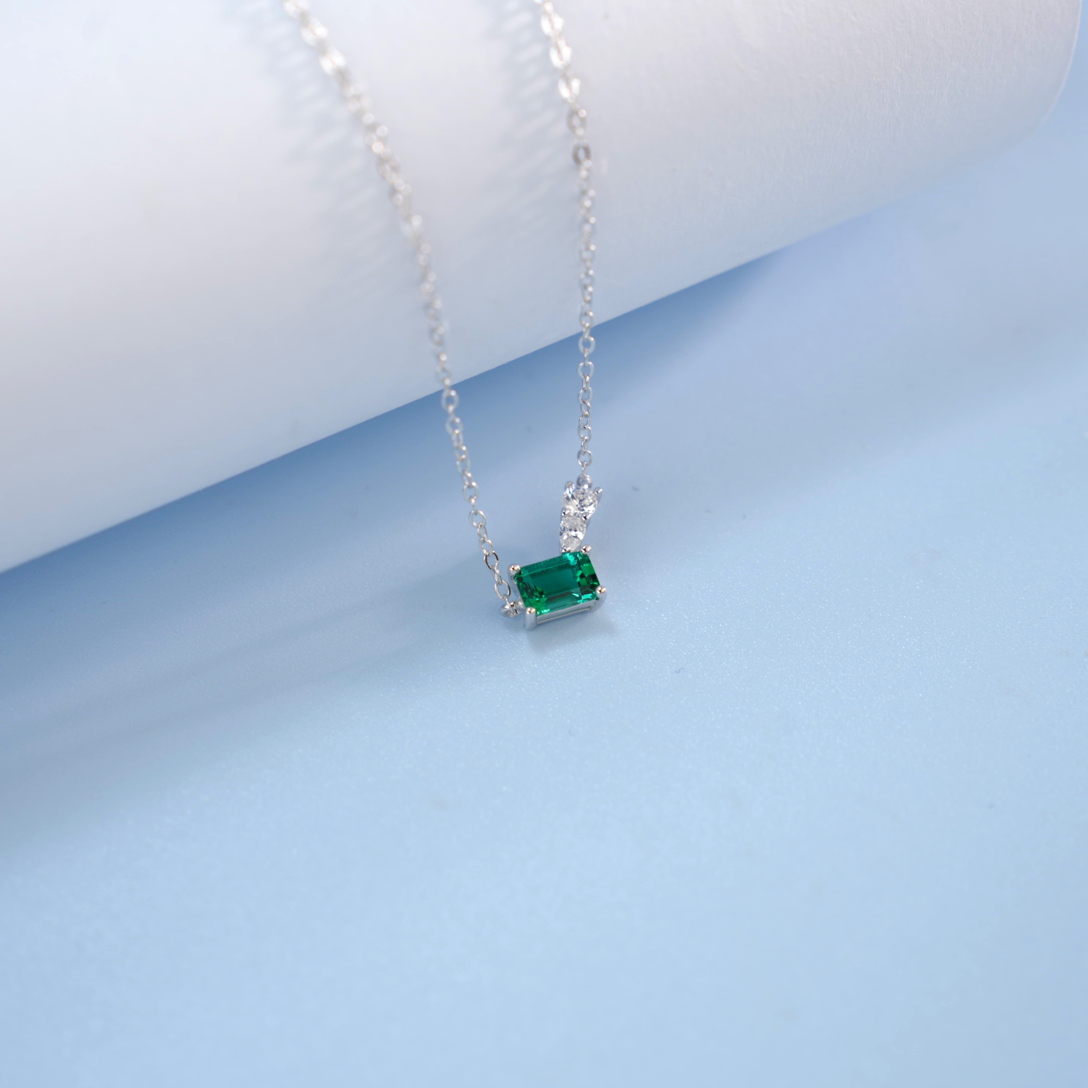 Sterling Silver Geometric Necklace, 6x4mm Lab-Grown Ruby & Emerald, Platinum Plated