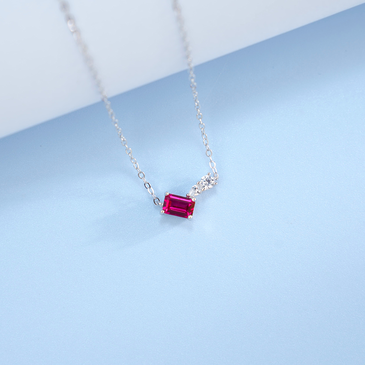 Sterling Silver Geometric Necklace, 6x4mm Lab-Grown Ruby & Emerald, Platinum Plated