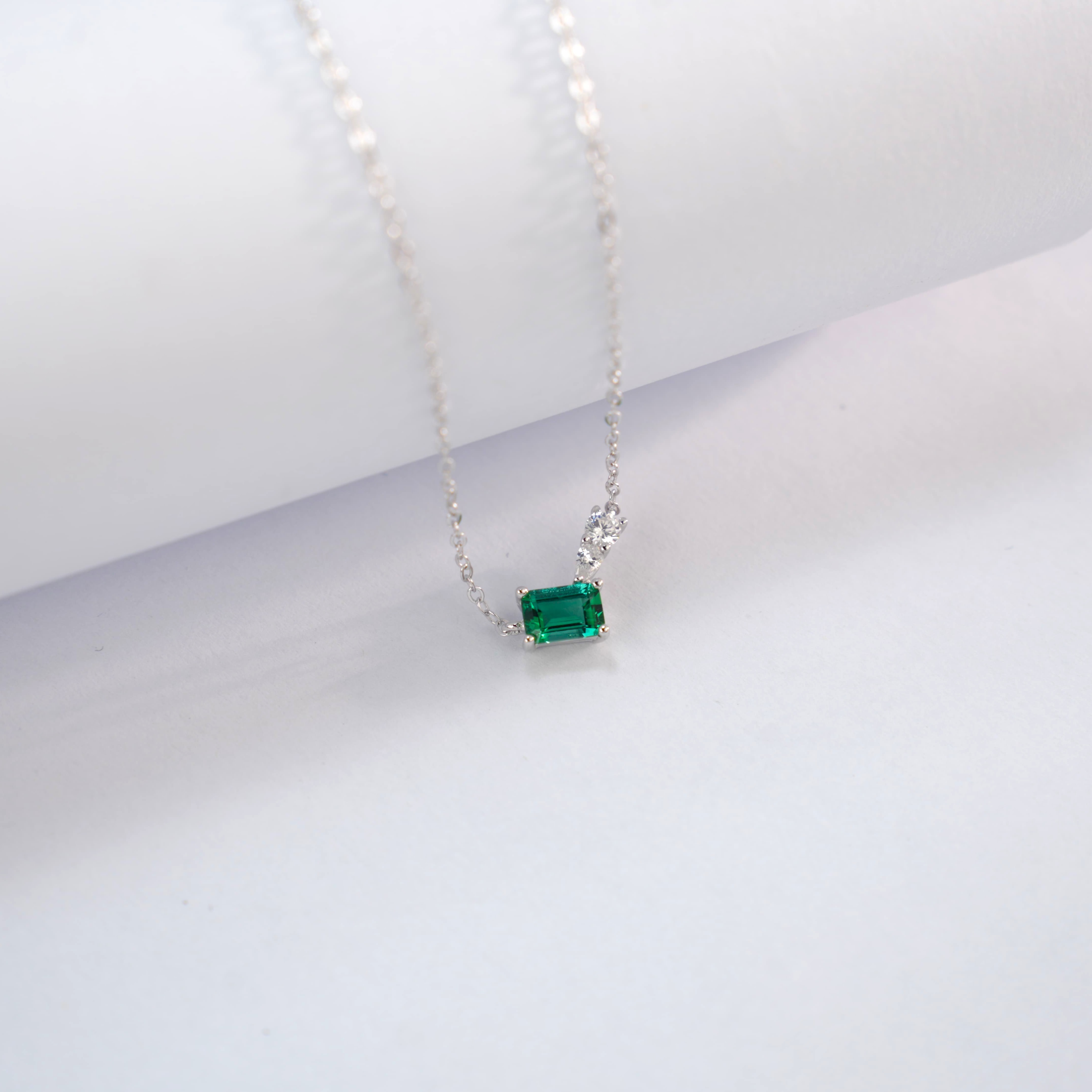 Sterling Silver Geometric Necklace, 6x4mm Lab-Grown Ruby & Emerald, Platinum Plated