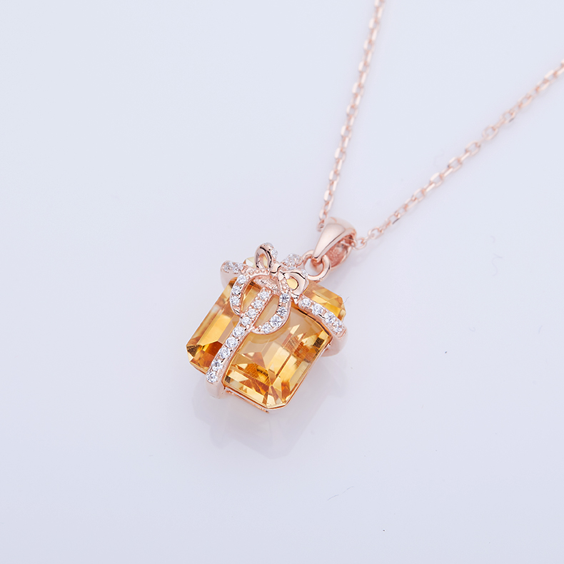 Sterling Silver Gift Box Necklace, 12x10mm Natural Citrine Pendant, Platinum Plated