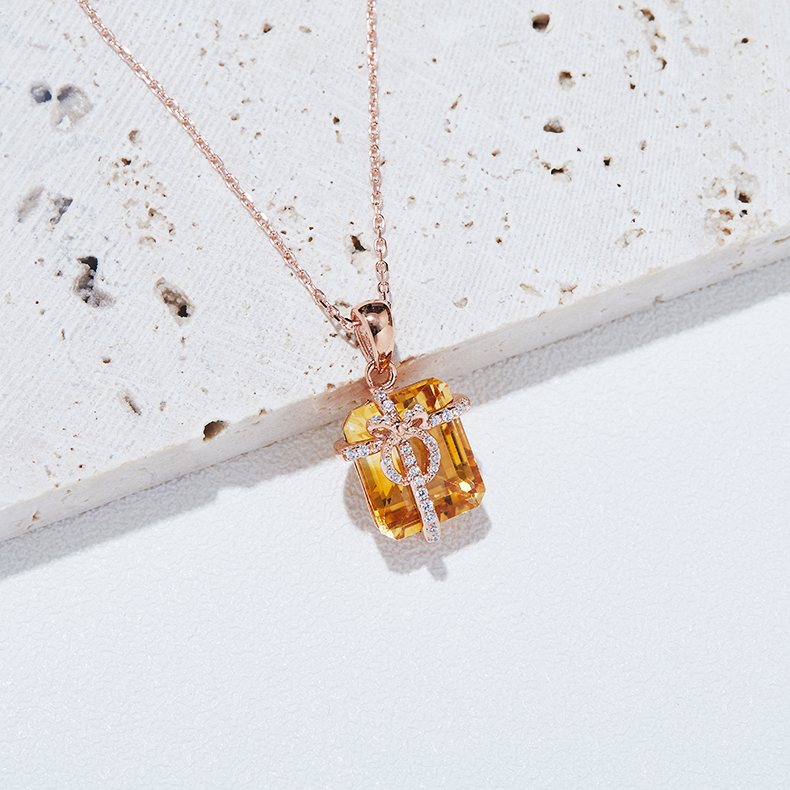 Sterling Silver Gift Box Necklace, 12x10mm Natural Citrine Pendant, Platinum Plated