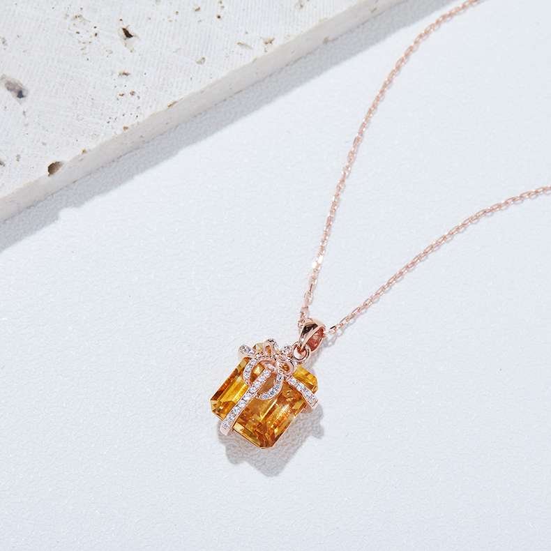 Sterling Silver Gift Box Necklace, 12x10mm Natural Citrine Pendant, Platinum Plated