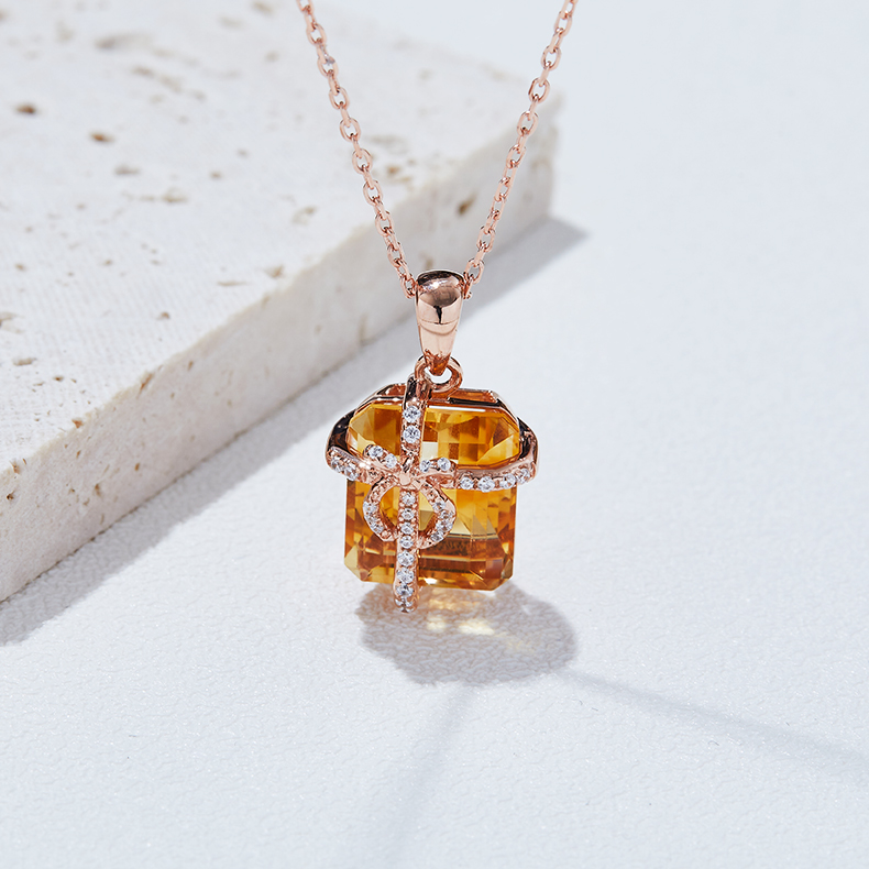 Sterling Silver Gift Box Necklace, 12x10mm Natural Citrine Pendant, Platinum Plated