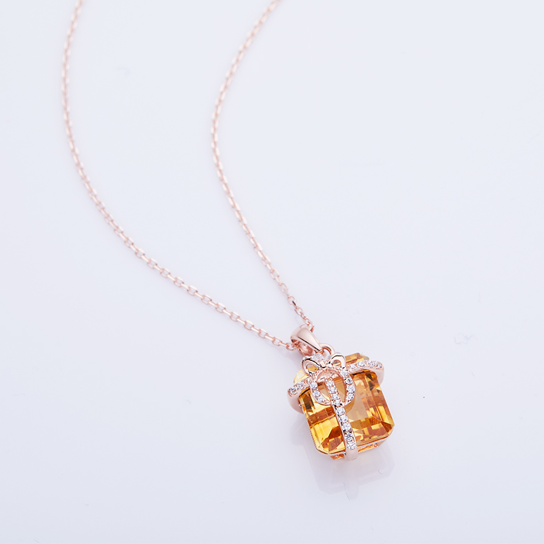 Sterling Silver Gift Box Necklace, 12x10mm Natural Citrine Pendant, Platinum Plated