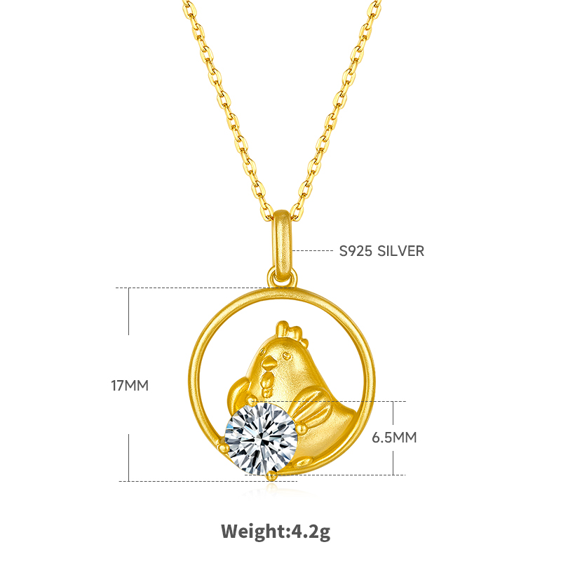Sterling Silver Gold Plated 1ct D Color VVS1 Moissanite Rooster Zodiac Necklace 4.2g