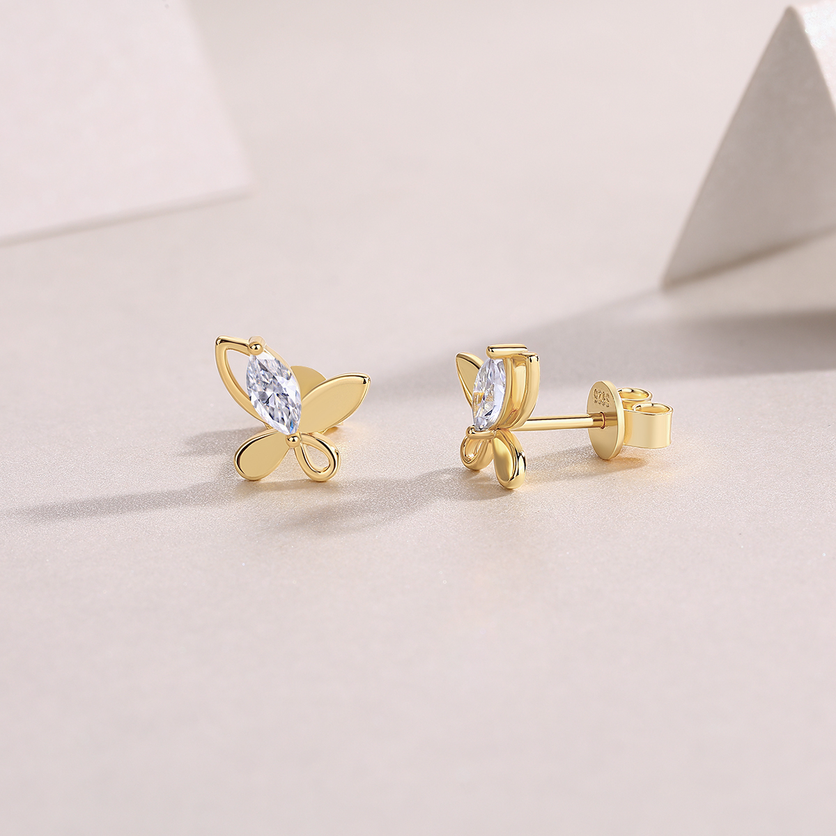 Sterling Silver Gold Plated Butterfly Stud Earrings, D-VVS1 Moissanite, 4.8g Heavyweight