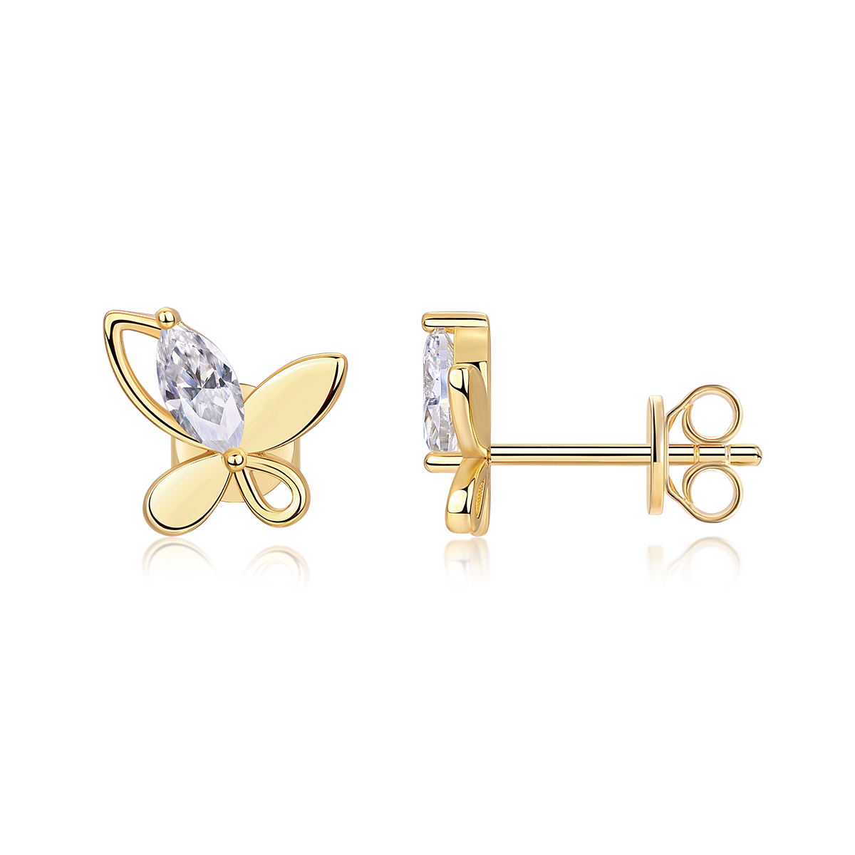 Sterling Silver Gold Plated Butterfly Stud Earrings, D-VVS1 Moissanite, 4.8g Heavyweight