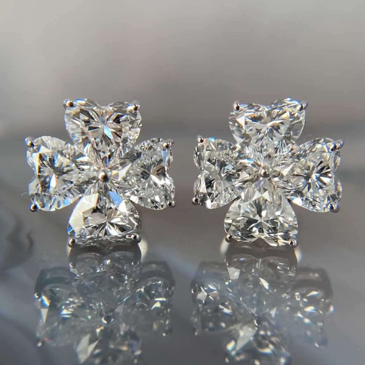 Sterling Silver Heart Clover Stud Earrings, 4x4mm D-VVS1 Moissanite, Platinum Plated 2.5g