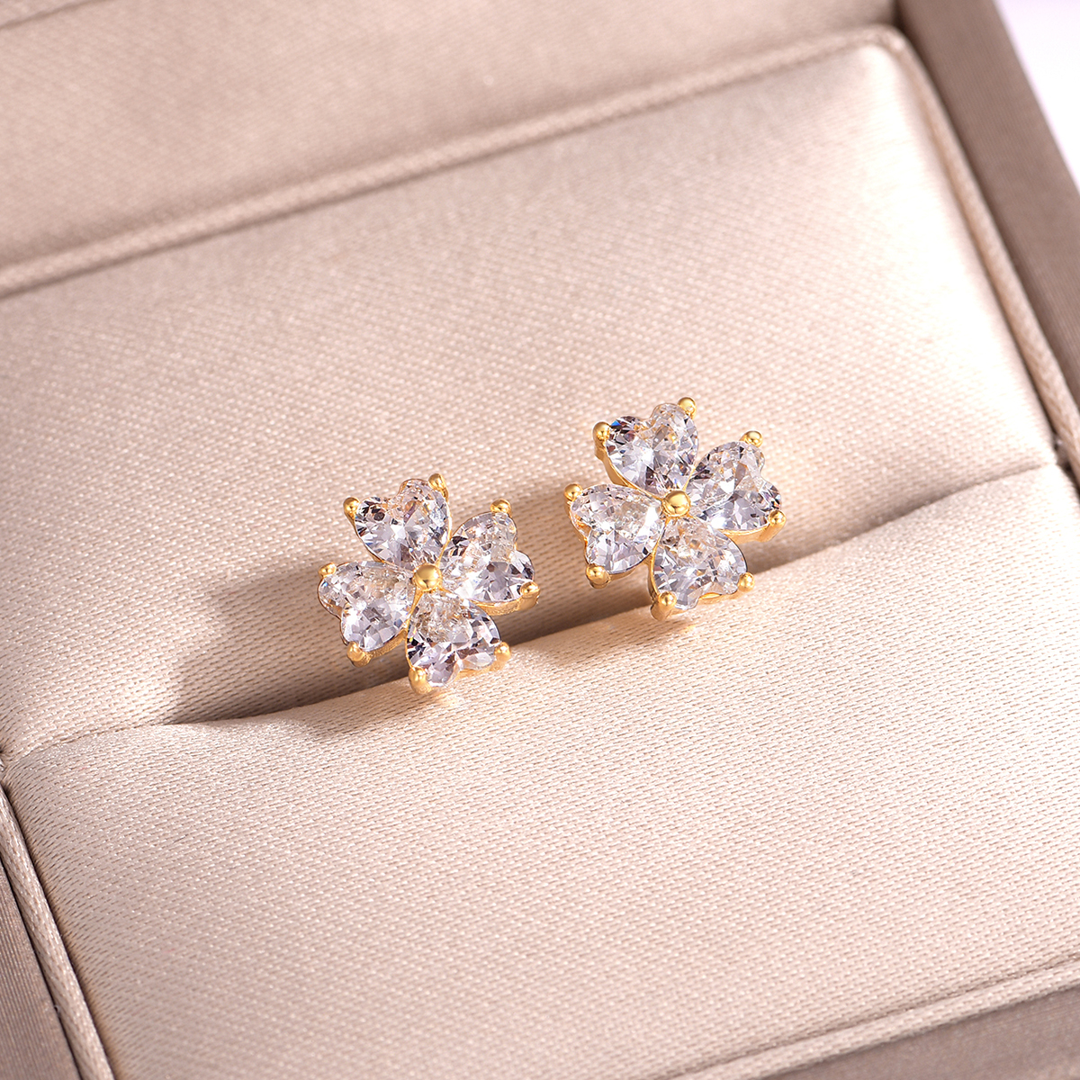 Sterling Silver Heart Clover Stud Earrings, 4x4mm D-VVS1 Moissanite, Platinum Plated 2.5g