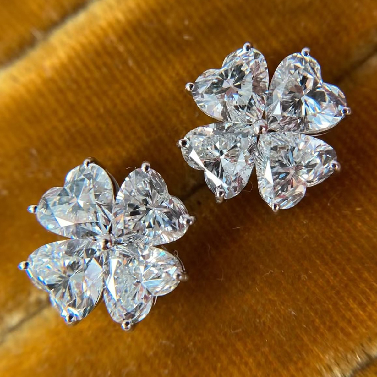 Sterling Silver Heart Clover Stud Earrings, 4x4mm D-VVS1 Moissanite, Platinum Plated 2.5g