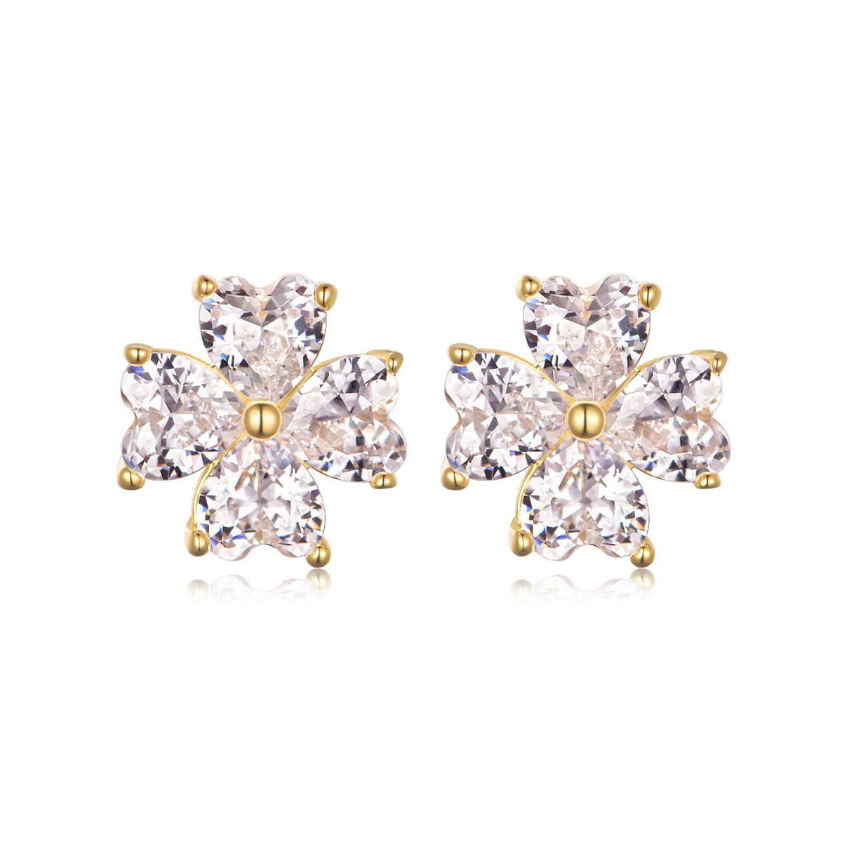 Sterling Silver Heart Clover Stud Earrings, 4x4mm D-VVS1 Moissanite, Platinum Plated 2.5g