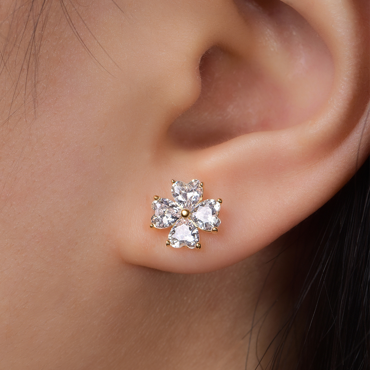 Sterling Silver Heart Clover Stud Earrings, 4x4mm D-VVS1 Moissanite, Platinum Plated 2.5g