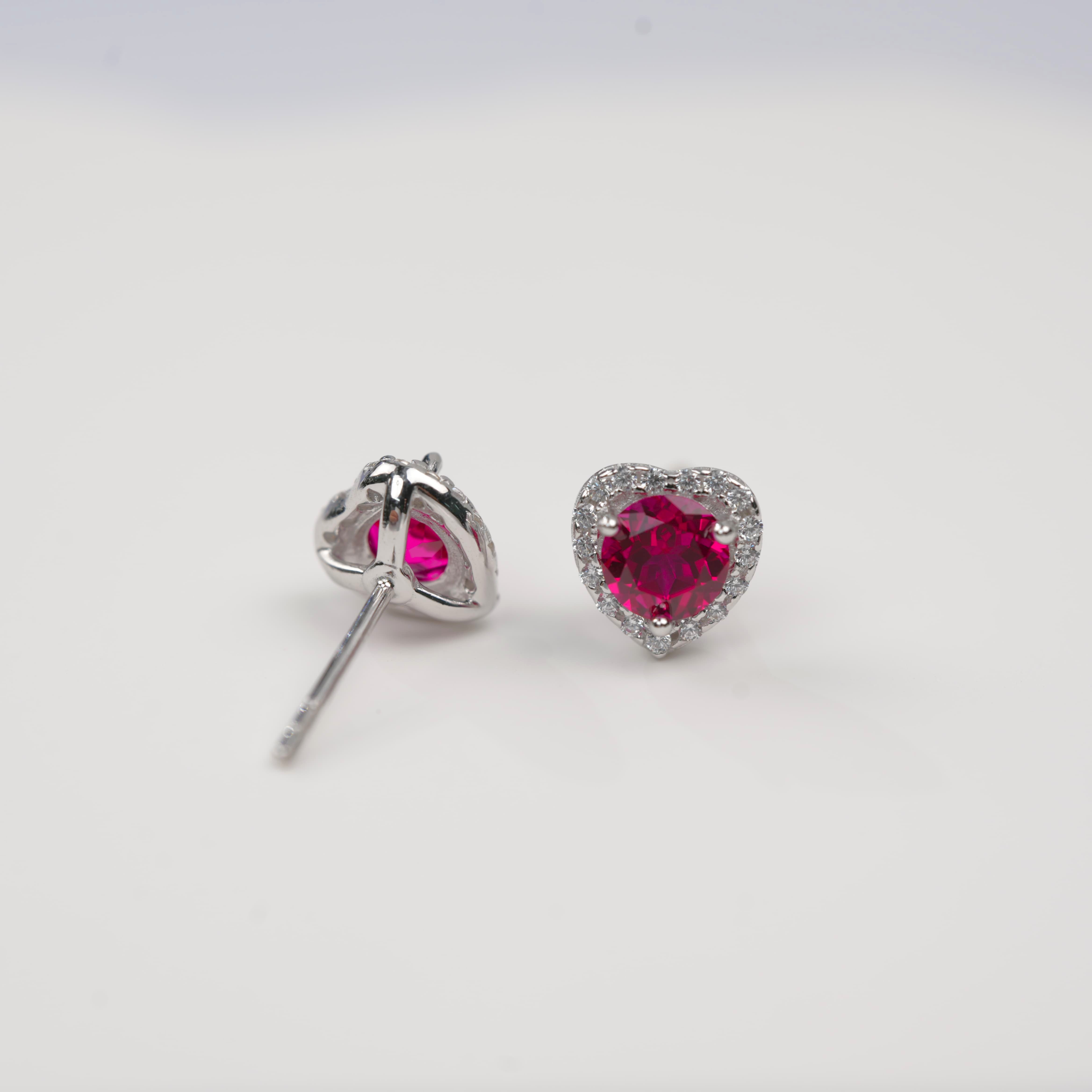 Sterling Silver Heart Halo Stud Earrings, 5mm Lab-Grown Ruby Sapphire, Platinum Plated