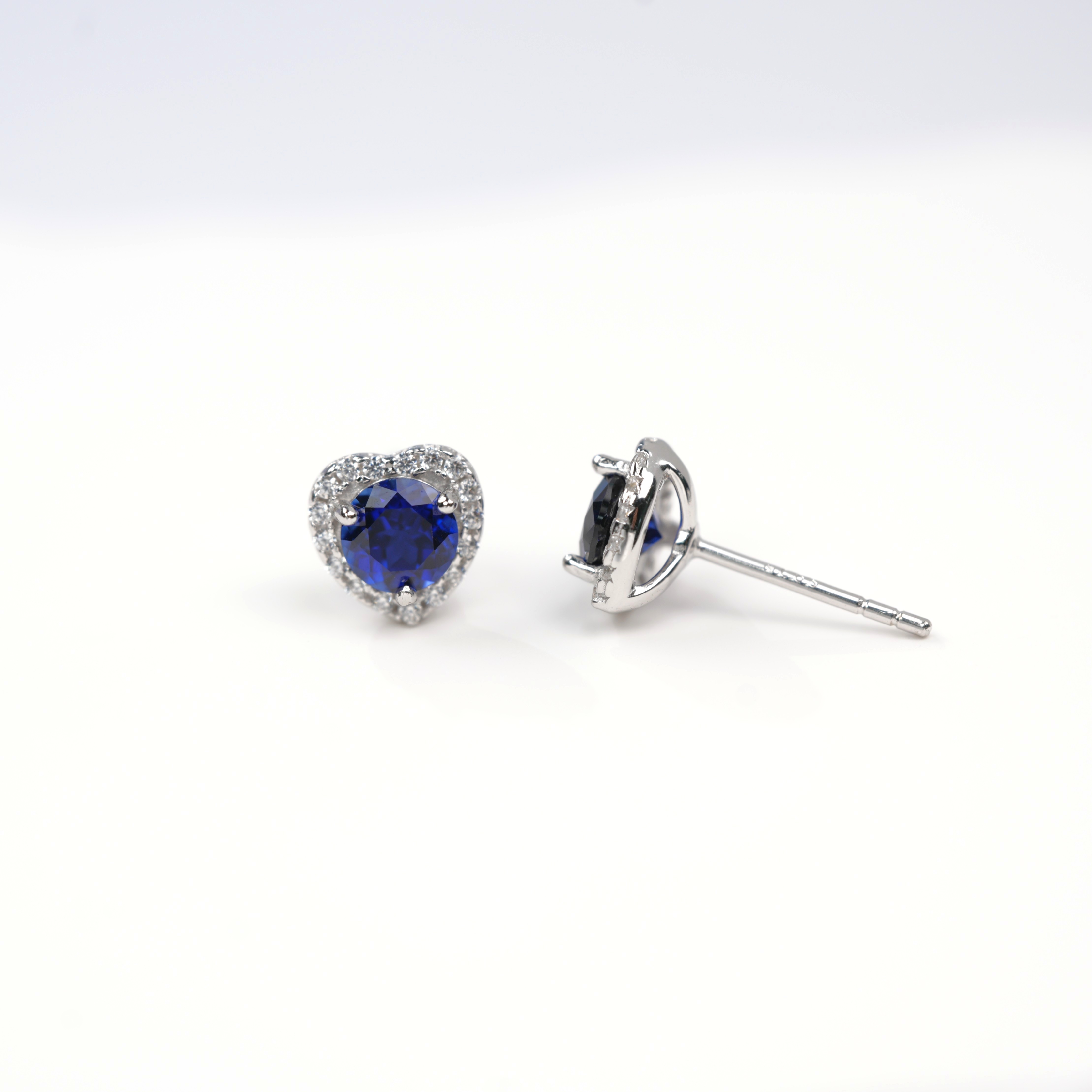 Sterling Silver Heart Halo Stud Earrings, 5mm Lab-Grown Ruby Sapphire, Platinum Plated