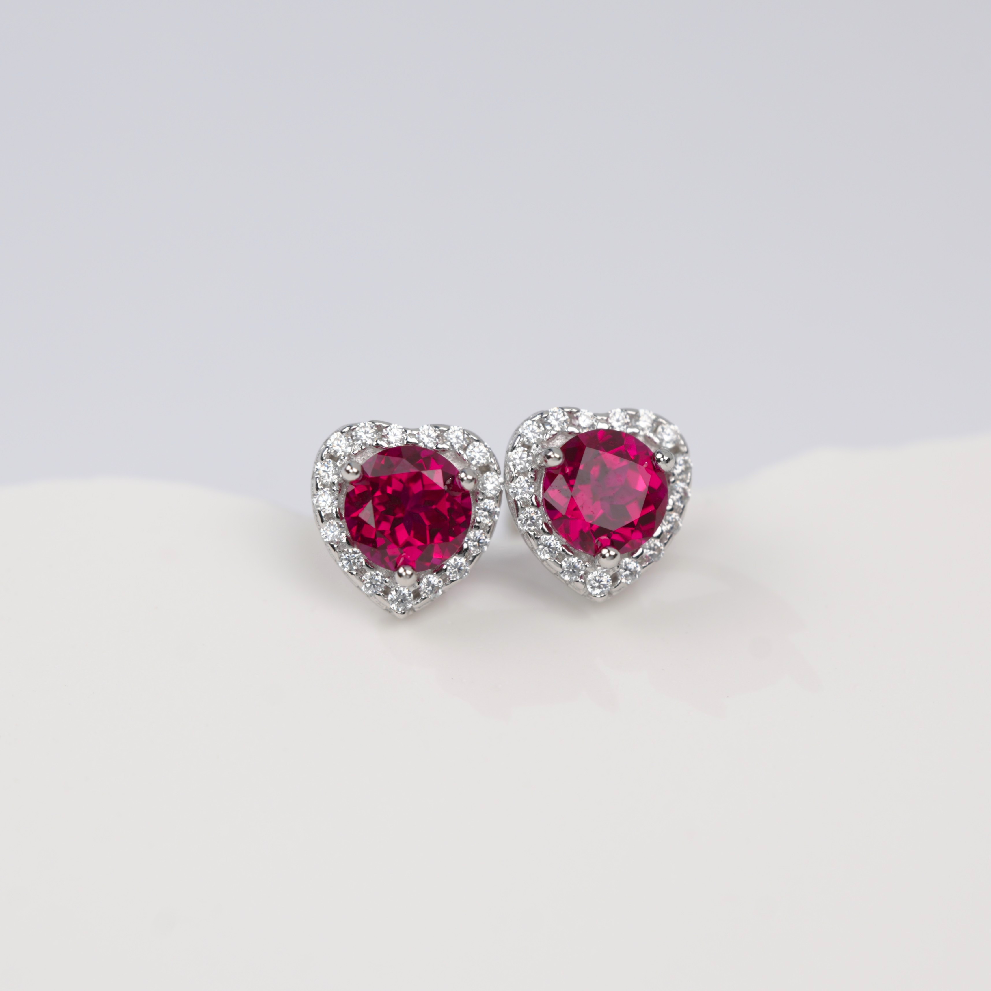 Sterling Silver Heart Halo Stud Earrings, 5mm Lab-Grown Ruby Sapphire, Platinum Plated