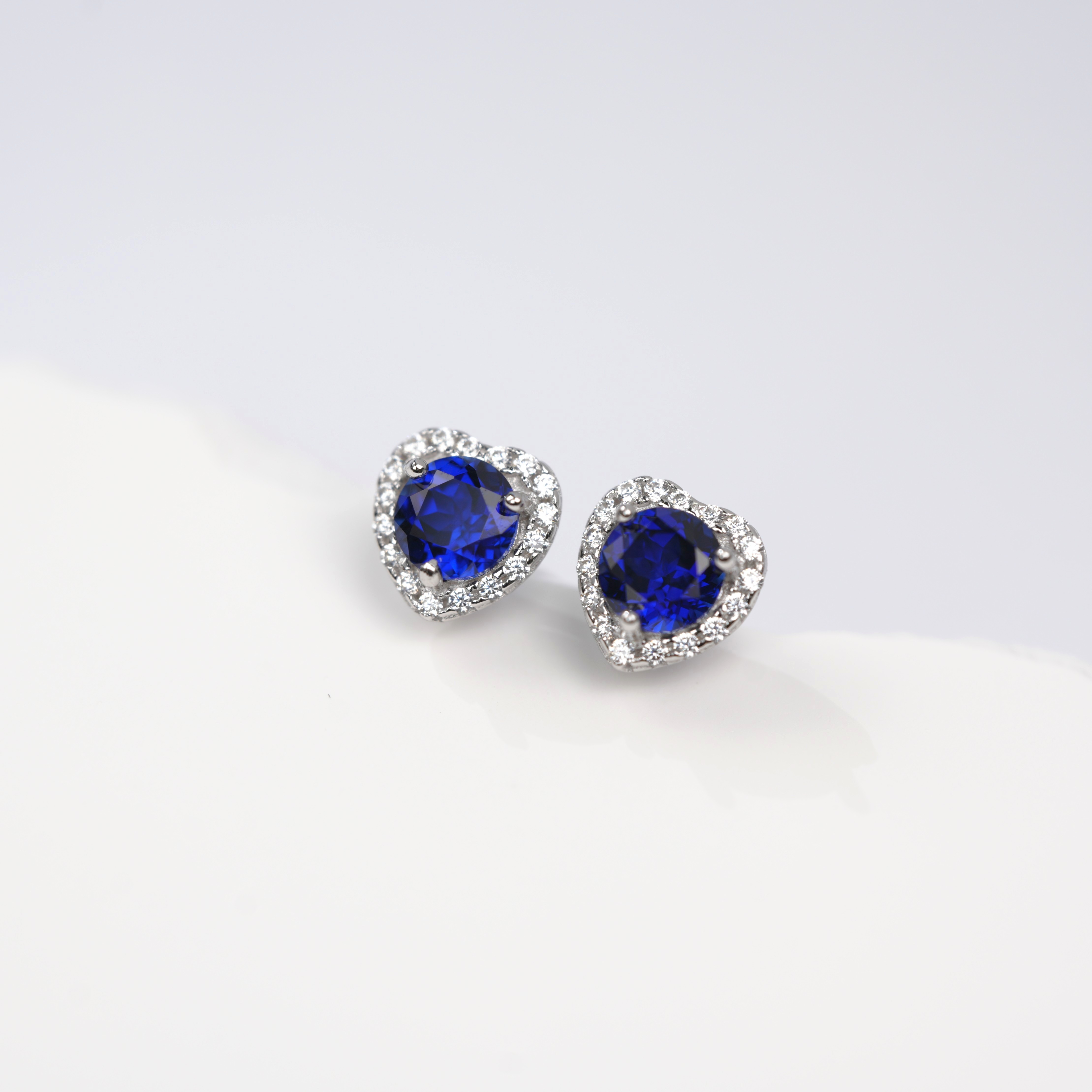 Sterling Silver Heart Halo Stud Earrings, 5mm Lab-Grown Ruby Sapphire, Platinum Plated