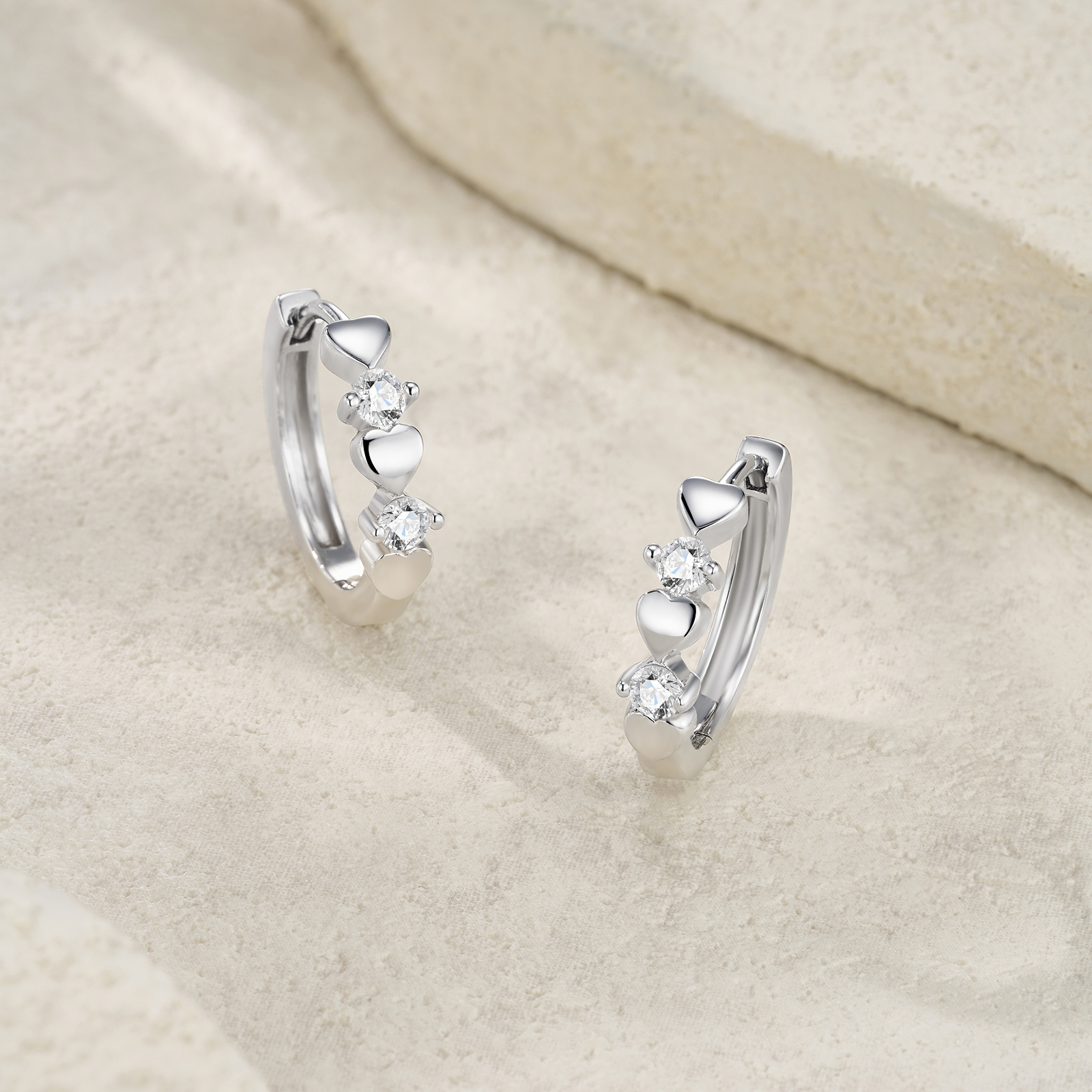 Sterling Silver Heart Huggie Earrings, 0.1ct D-VVS1 Moissanite, Platinum Plated 5.6g