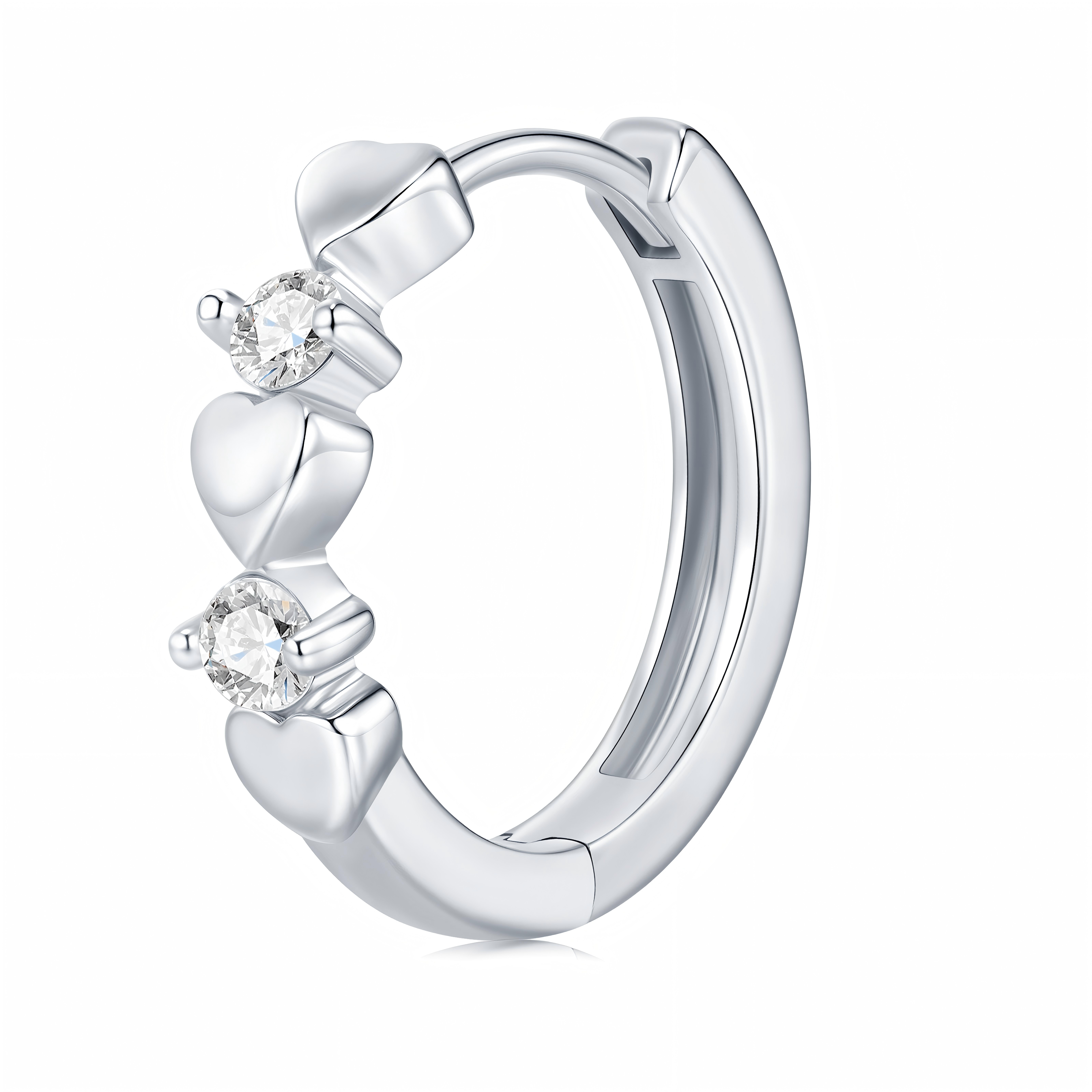 Sterling Silver Heart Huggie Earrings, 0.1ct D-VVS1 Moissanite, Platinum Plated 5.6g