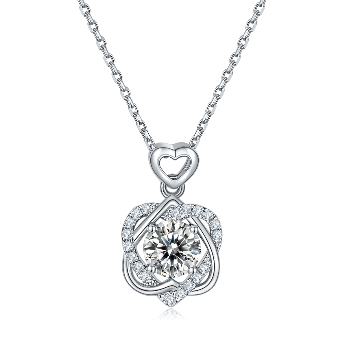 Sterling Silver Heart Necklace, 1ct D-VVS1 Moissanite & Lab-Grown Gems, Platinum Plated 3g