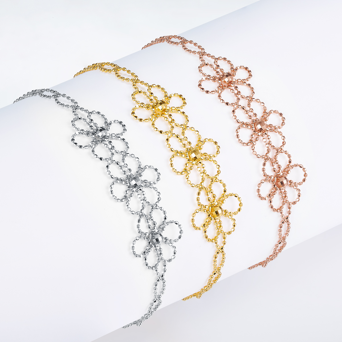 Sterling Silver Hollow Flower Bracelet 20cm Adjustable 1.8g Lightweight 14mm Wide 3 Colors