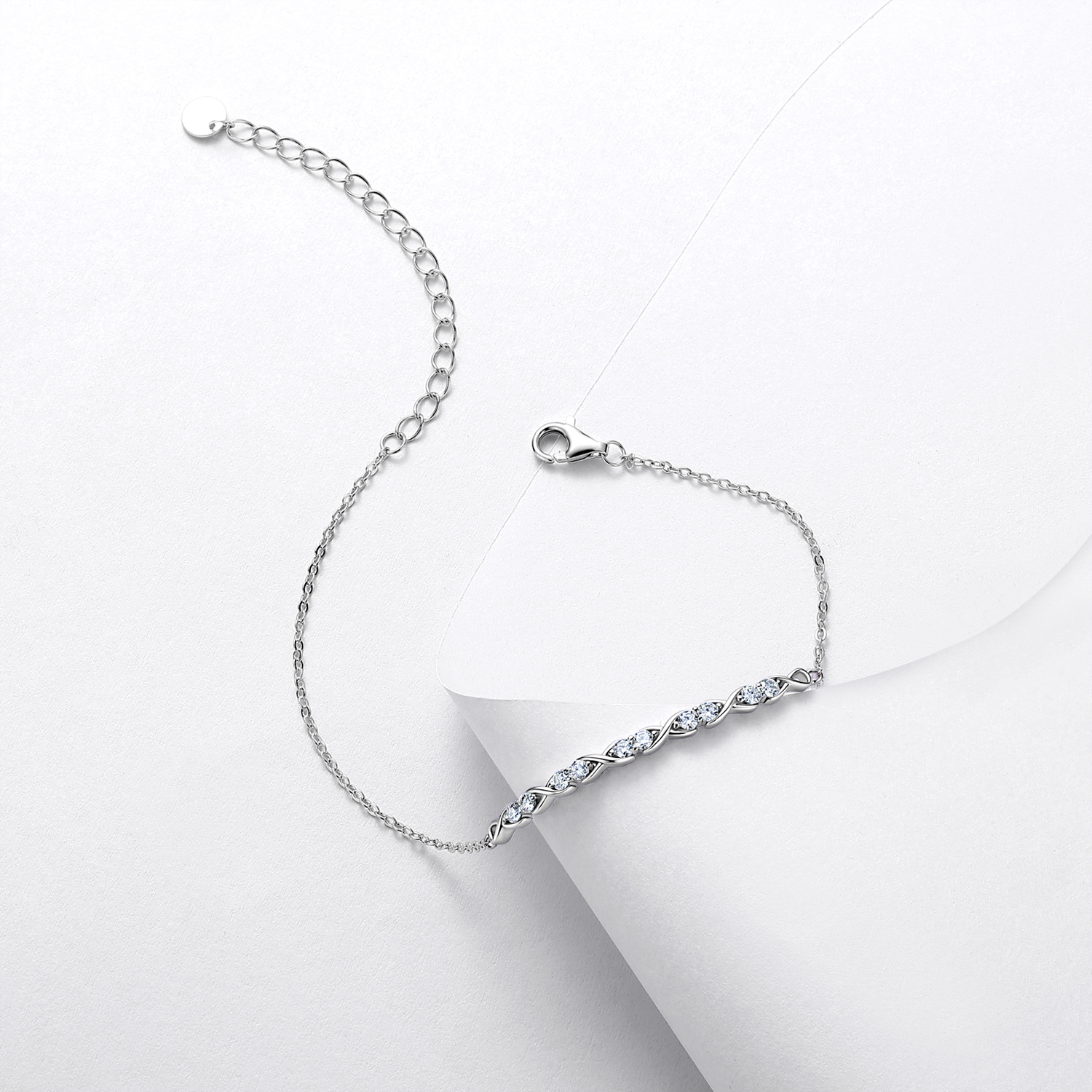 Sterling Silver Infinity Bracelet, D-VVS1 Moissanite Adjustable Chain, Platinum Plated 2g