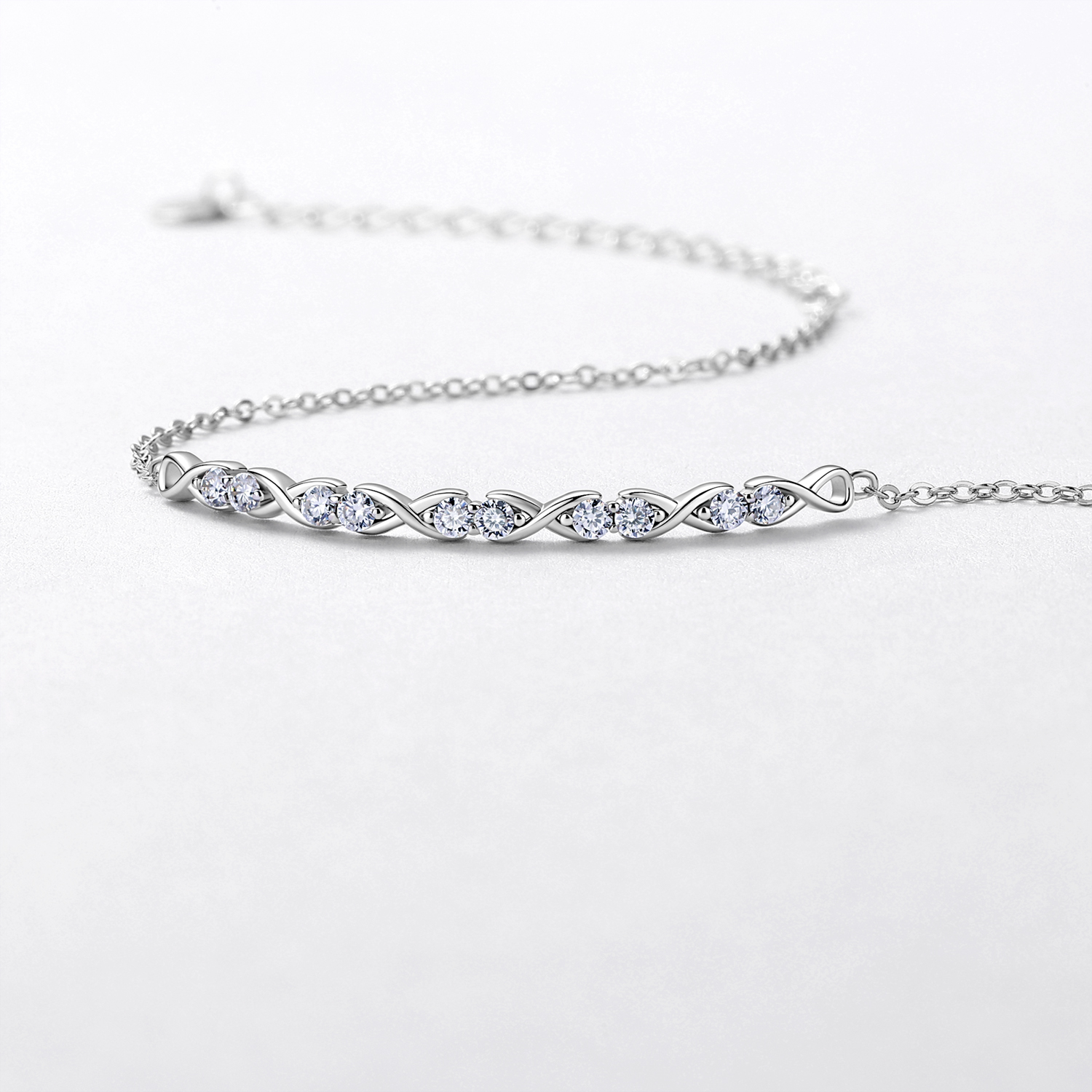 Sterling Silver Infinity Bracelet, D-VVS1 Moissanite Adjustable Chain, Platinum Plated 2g