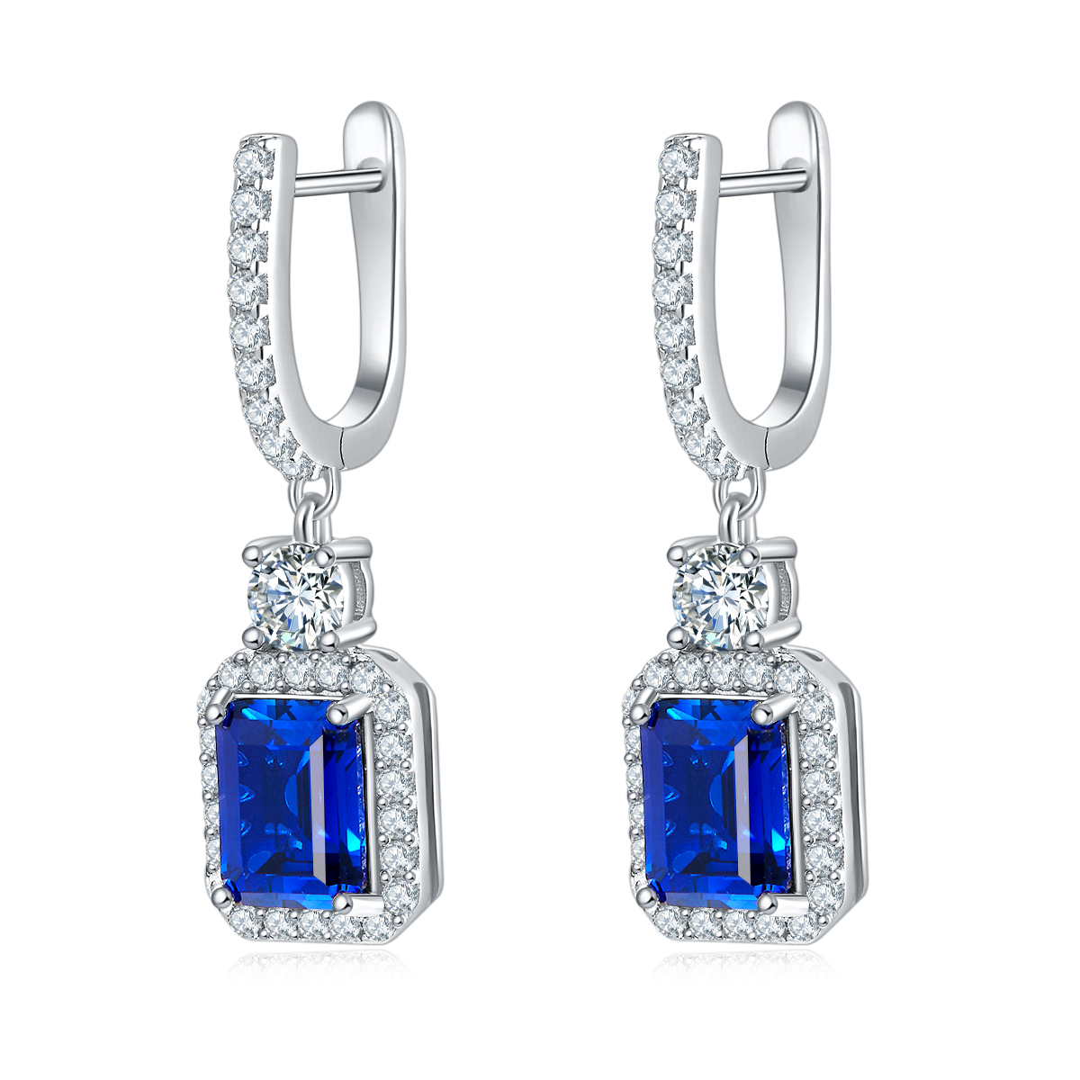 Sterling Silver Lab-Grown Emerald Cut Drop Earrings, 6x8mm 6ct Ruby Sapphire Emerald