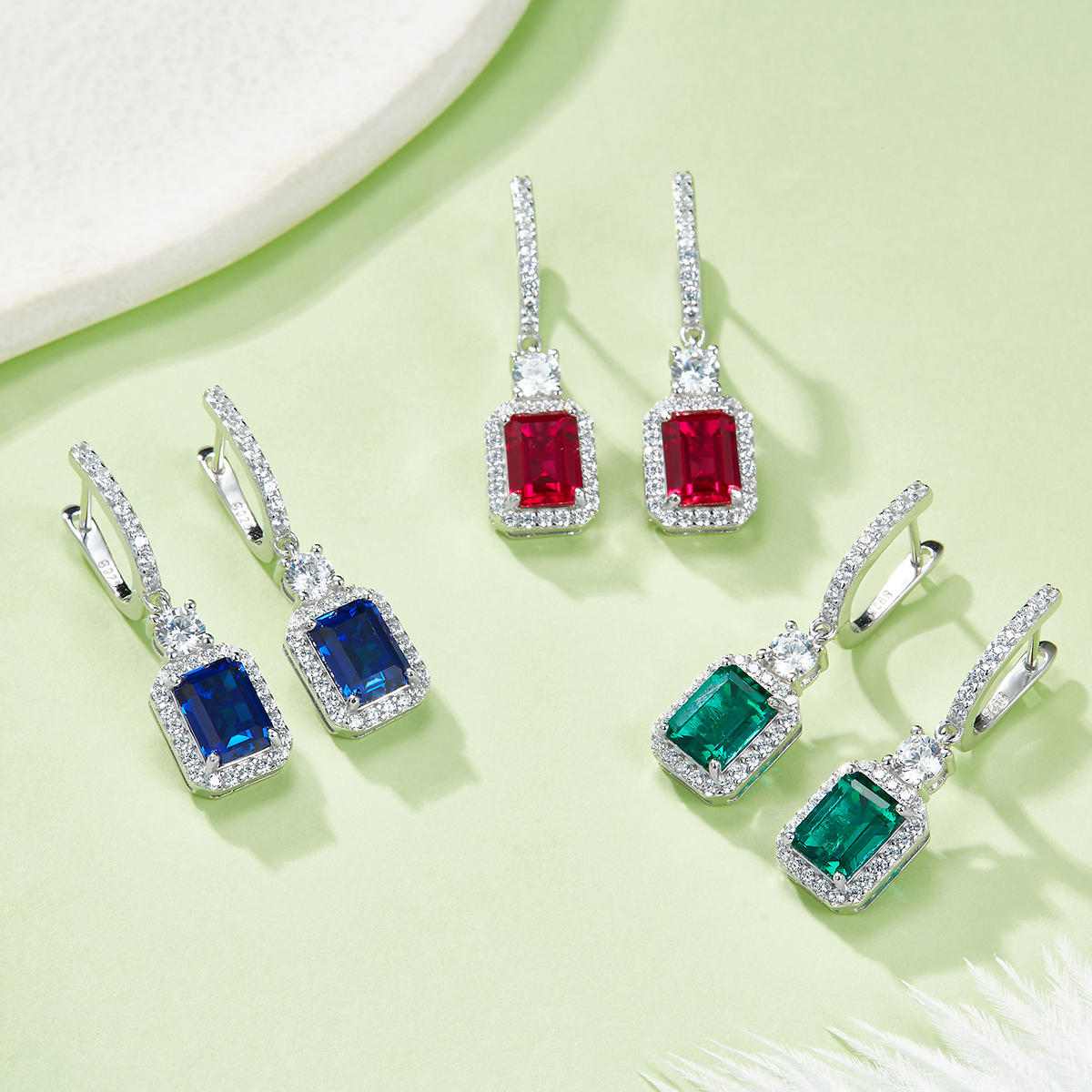 Sterling Silver Lab-Grown Emerald Cut Drop Earrings, 6x8mm 6ct Ruby Sapphire Emerald