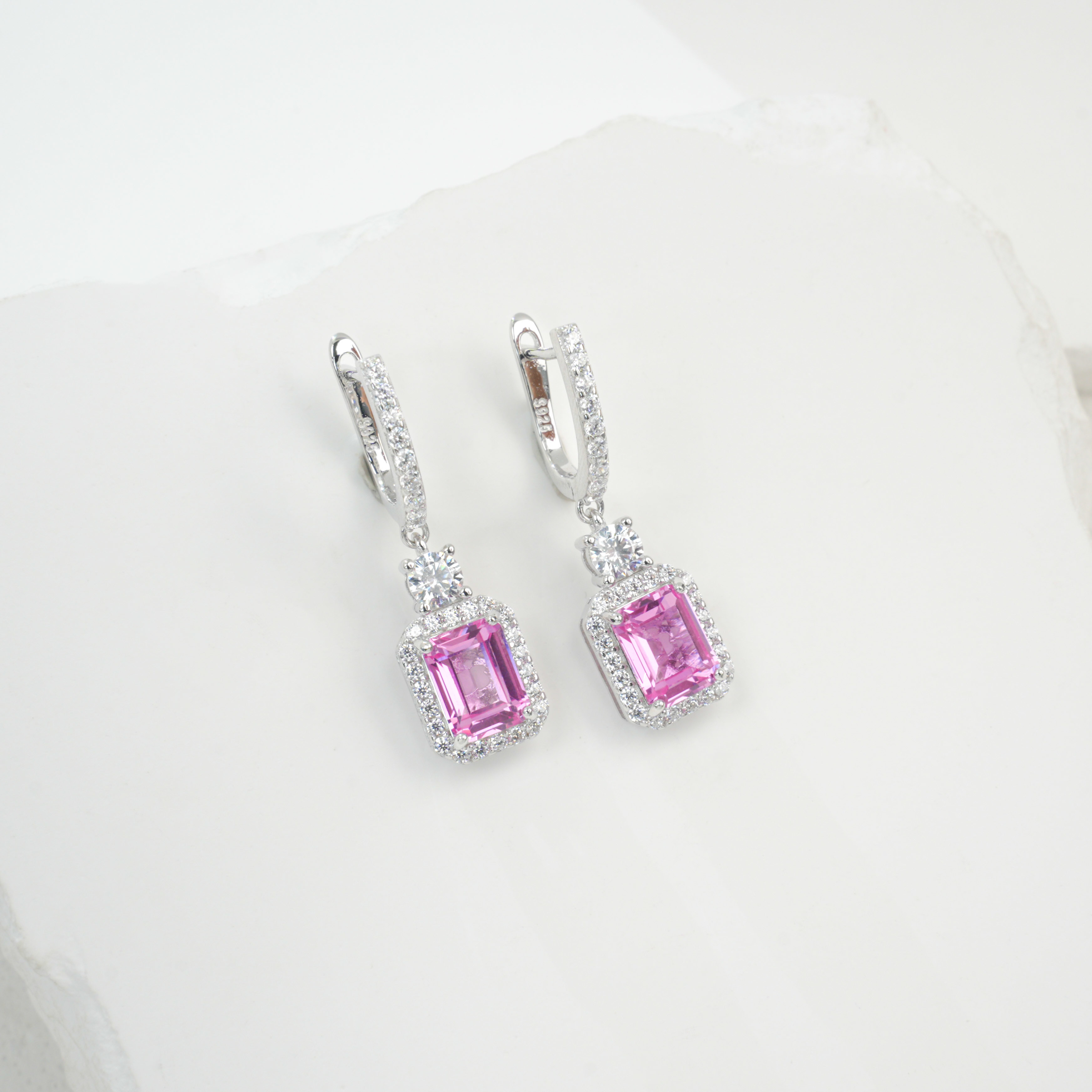 Sterling Silver Lab-Grown Emerald Cut Drop Earrings, 6x8mm 6ct Ruby Sapphire Emerald